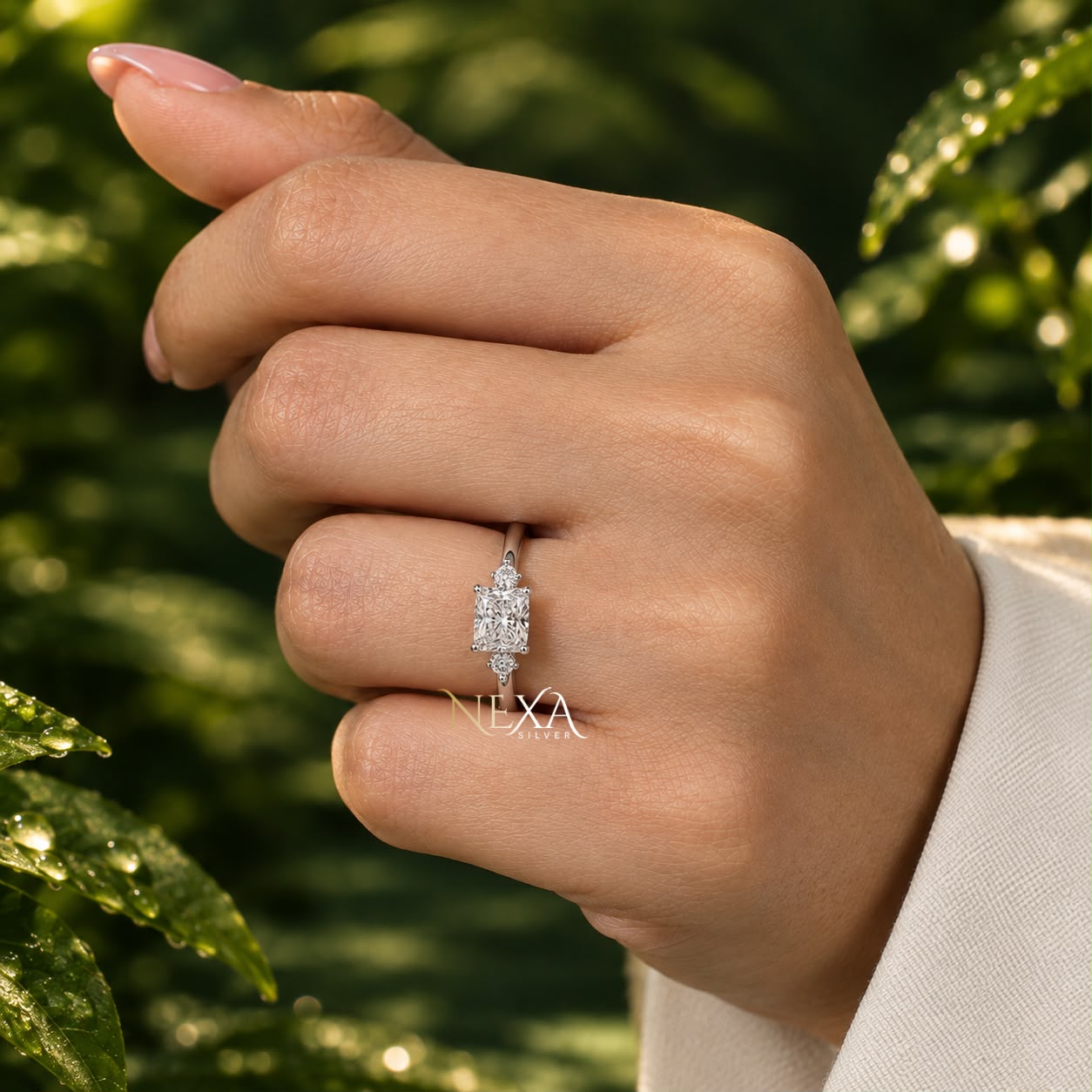 Emerald Cut Moissanite Diamond Ring for Ladies in 925 Silver thumbnail 2