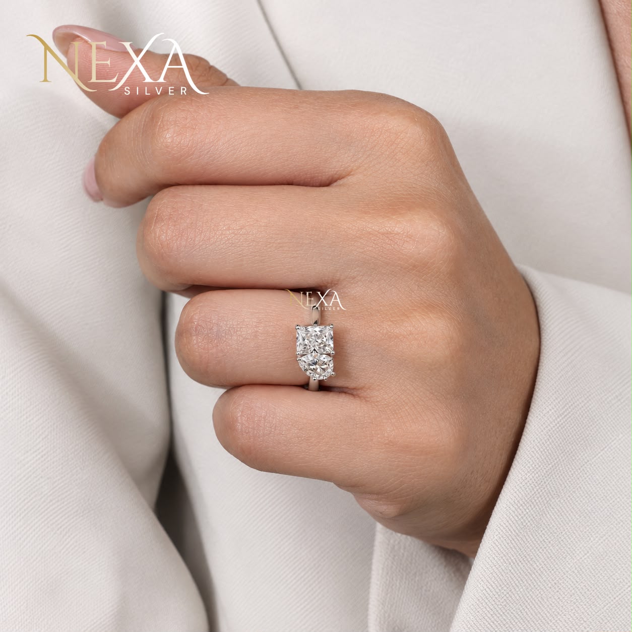 Pear and Emerald Cut Moissanite Diamond Ring for Girls & Women thumbnail 3