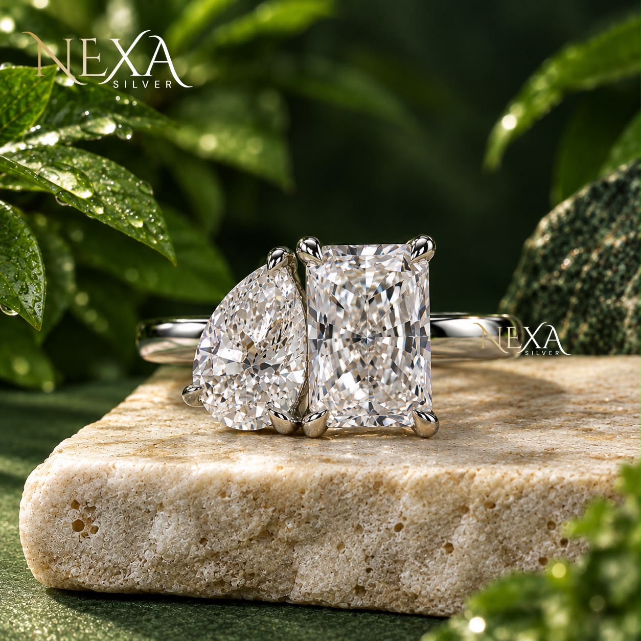 Pear and Emerald Cut Moissanite Diamond Ring for Girls & Women thumbnail 4