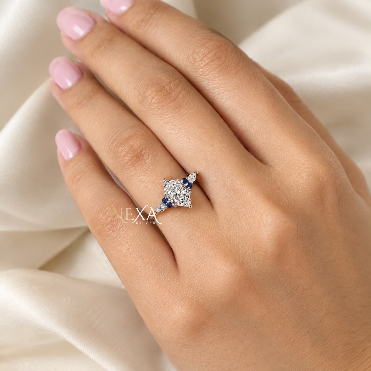 Dainty Marquise and Blue Accents Moissanite Diamond Ring for Girls thumbnail 2