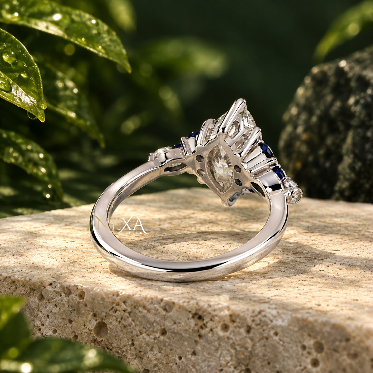 Dainty Marquise and Blue Accents Moissanite Diamond Ring for Girls thumbnail 3