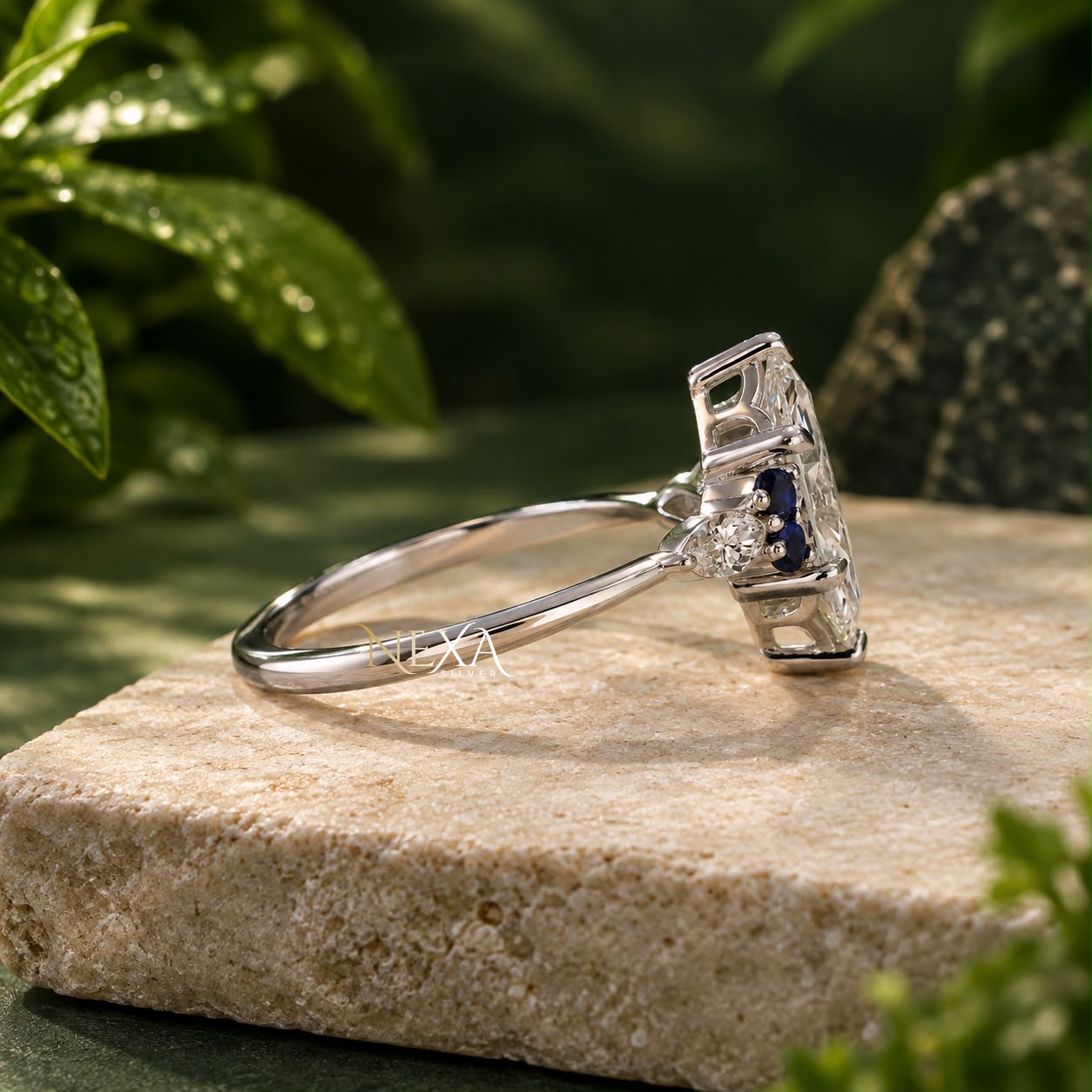 Dainty Marquise and Blue Accents Moissanite Diamond Ring for Girls thumbnail 5