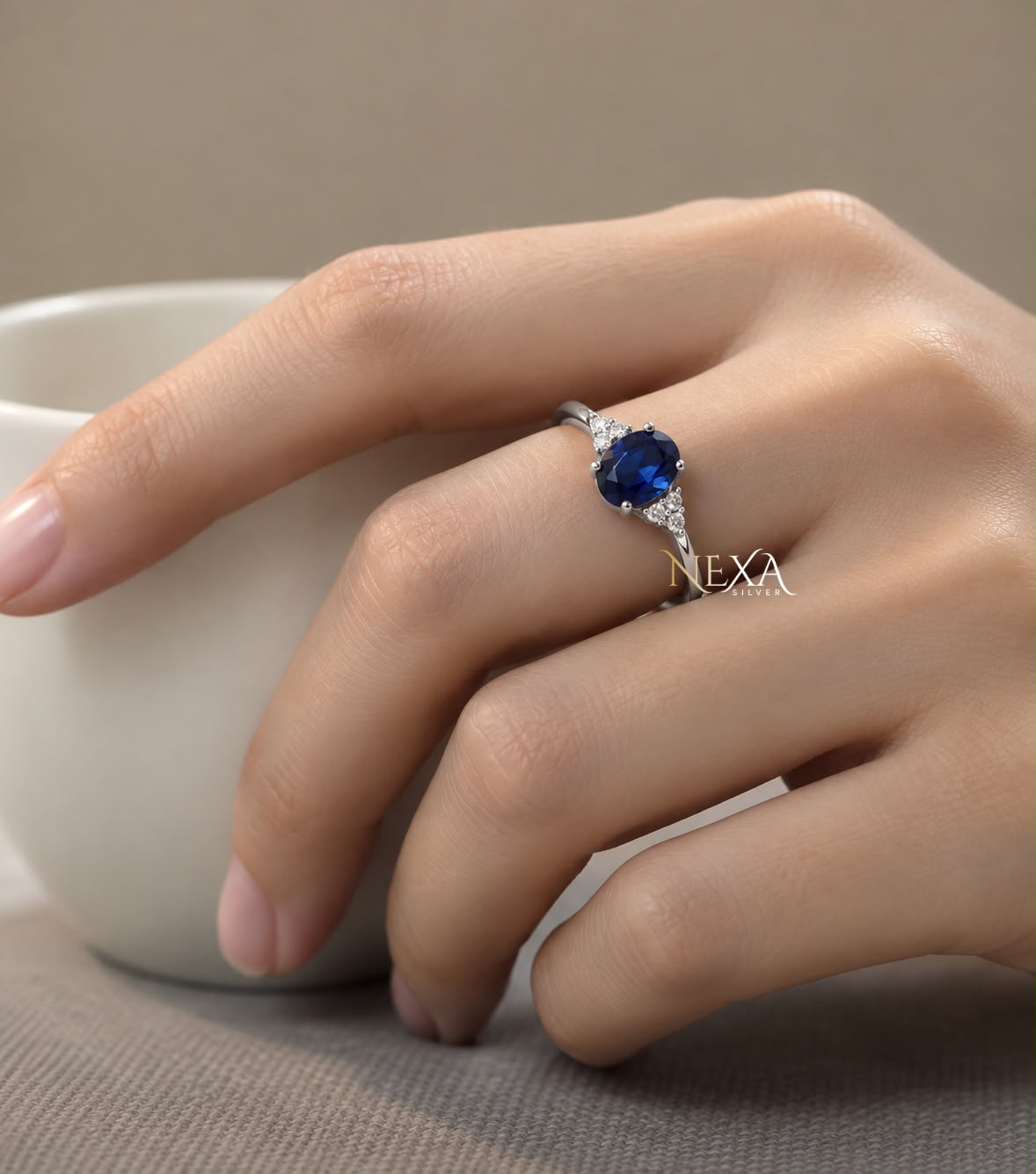 Blue Oval and White Round Moissanite Wedding Ring in 925 Silver thumbnail 3