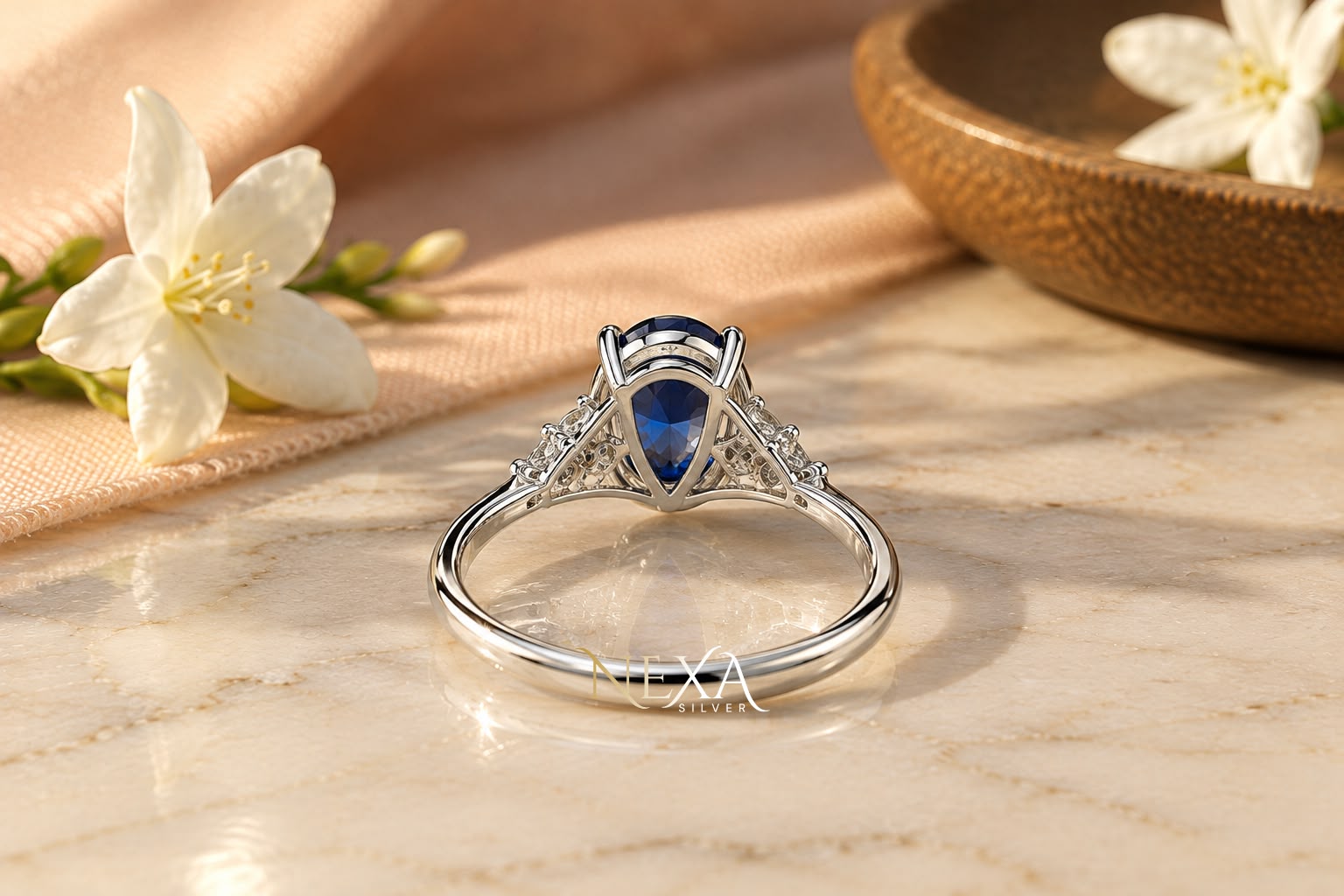 Blue Oval and White Round Moissanite Wedding Ring in 925 Silver thumbnail 4