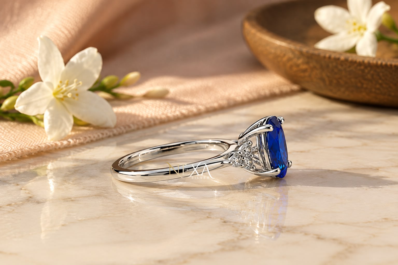 Blue Oval and White Round Moissanite Wedding Ring in 925 Silver thumbnail 5