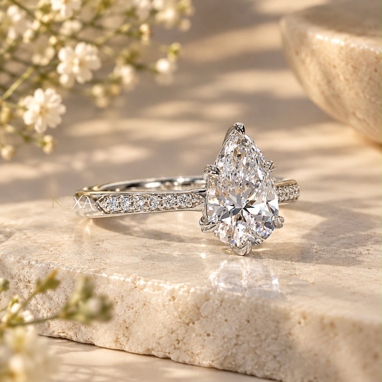 Pear and Round Moissanite Diamond Ring for Ladies in 925 Silver thumbnail 2