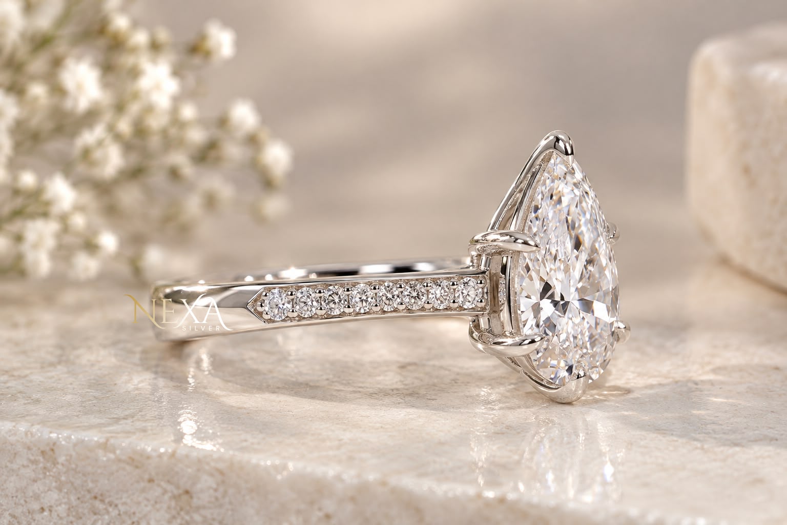 Pear and Round Moissanite Diamond Ring for Ladies in 925 Silver thumbnail 3