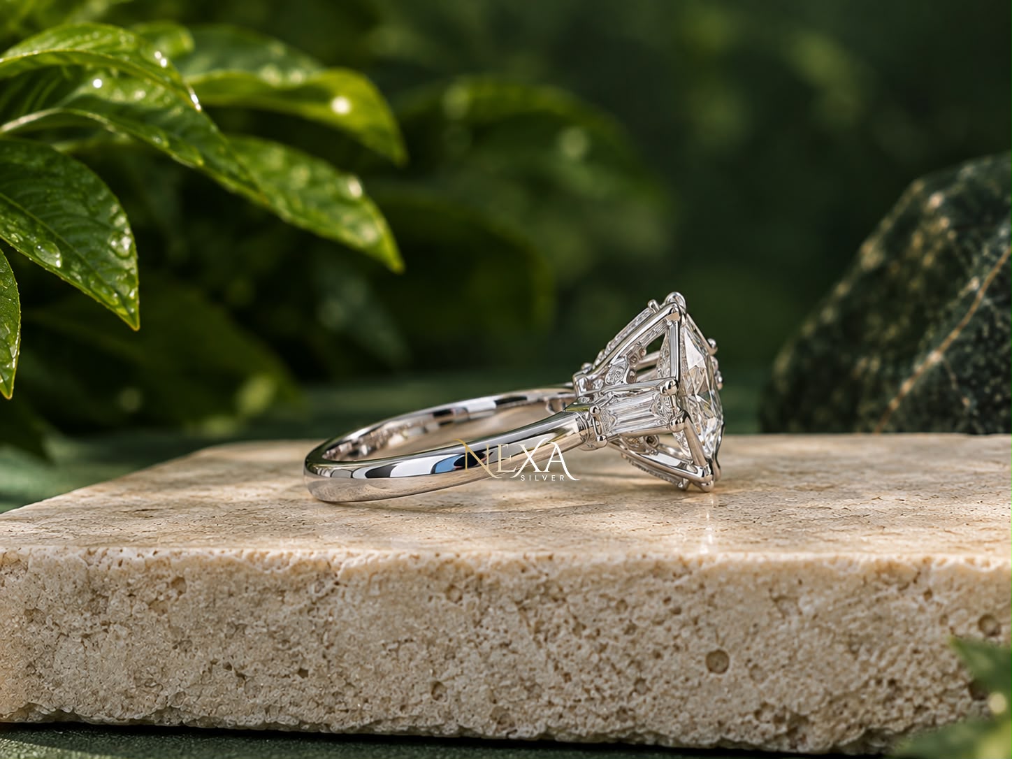 Heart and Custom Baguette Moissanite Valentine Ring for Girls in 925 Silver thumbnail 3