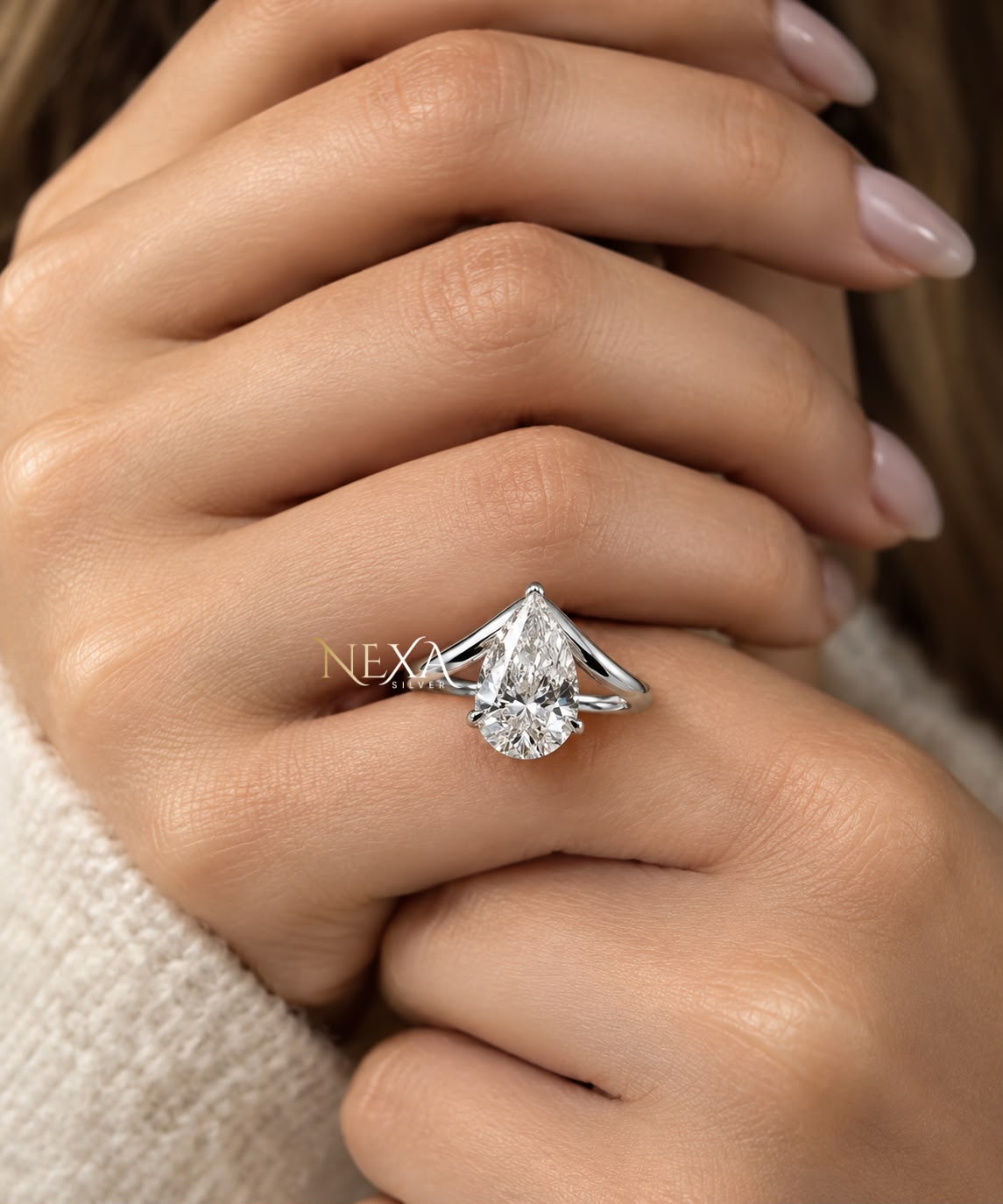 Large Pear Moissanite Solitaire Ladies Ring for Festive Season in 925 Silver thumbnail 2