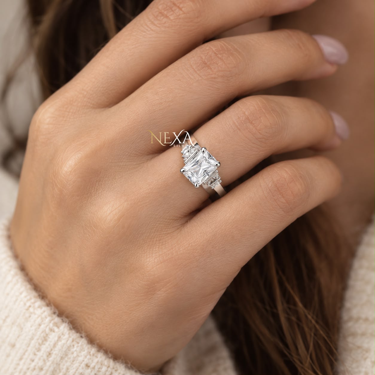 Emerald and Triangle Cut Moissanite Ladies Ring in 925 Silver thumbnail 2