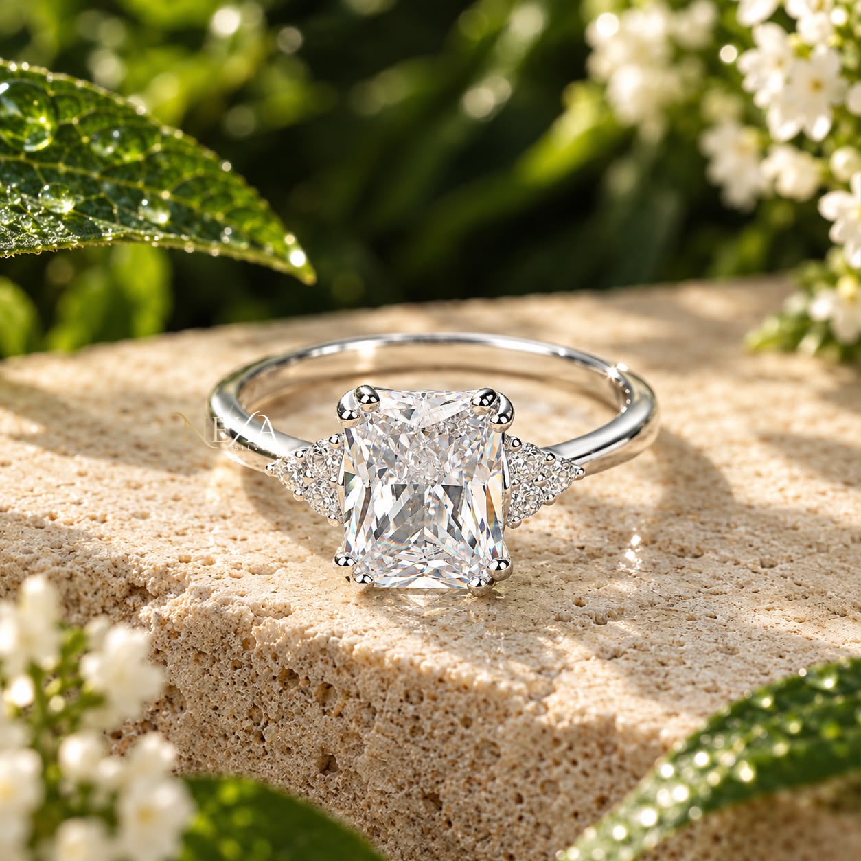 Emerald and Triangle Cut Moissanite Ladies Ring in 925 Silver thumbnail 3