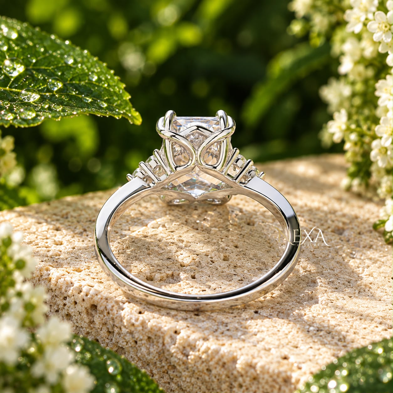 Emerald and Triangle Cut Moissanite Ladies Ring in 925 Silver thumbnail 4
