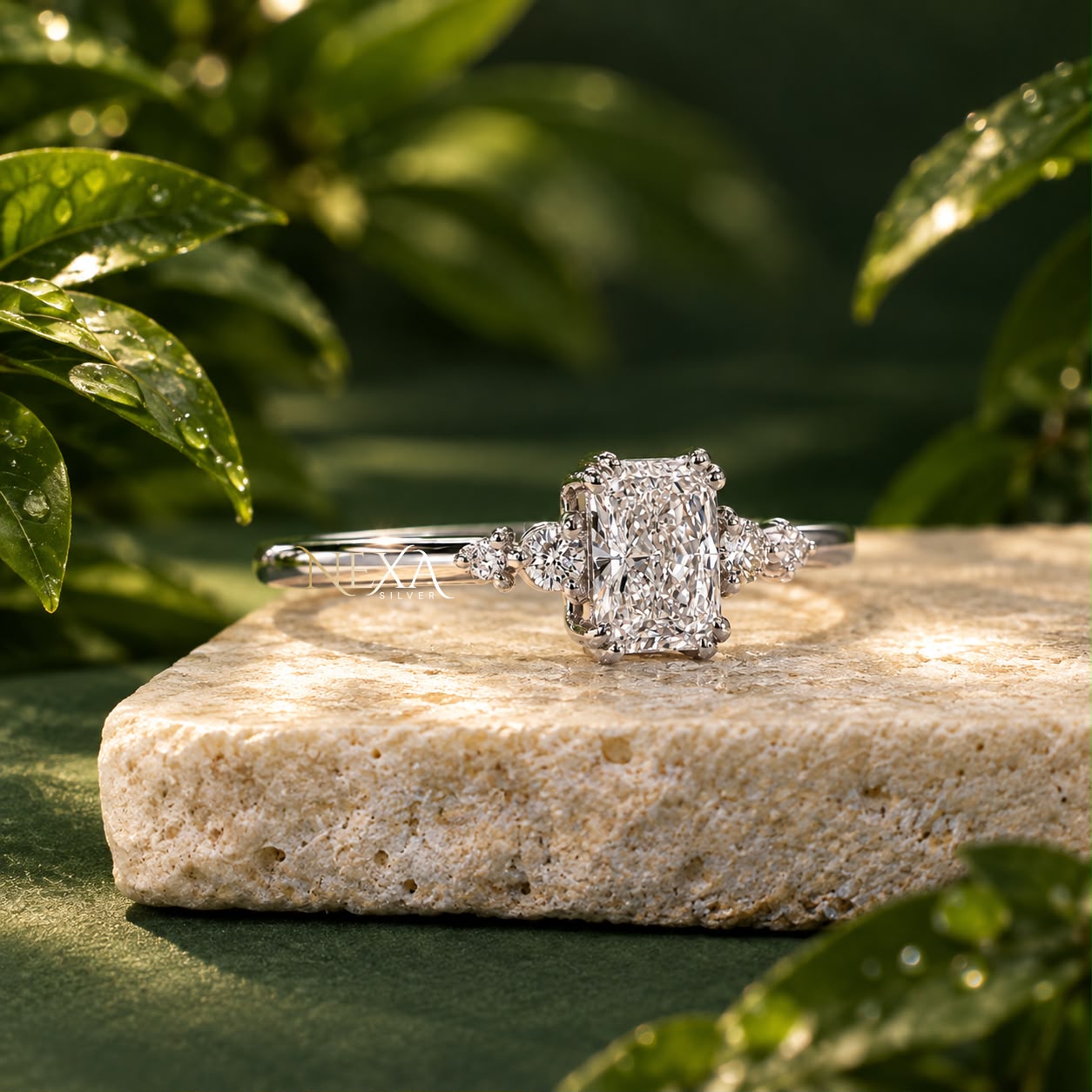 Emerald Cut Moissanite Diamond Ring for Ladies in 925 Silver