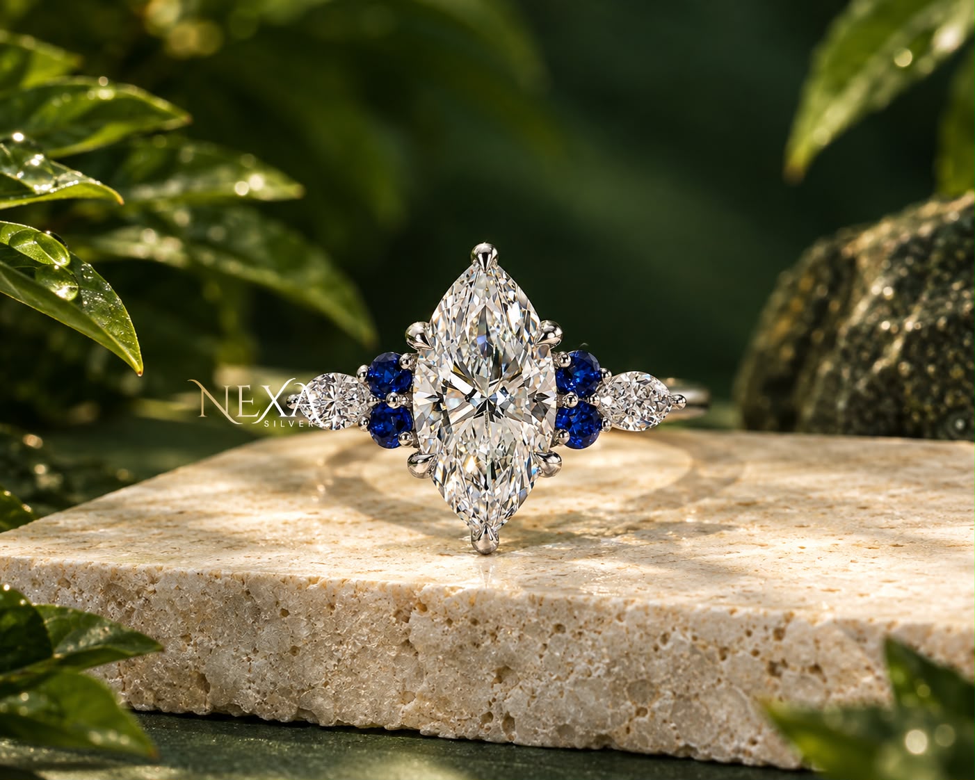 Dainty Marquise and Blue Accents Moissanite Diamond Ring for Girls thumbnail 1