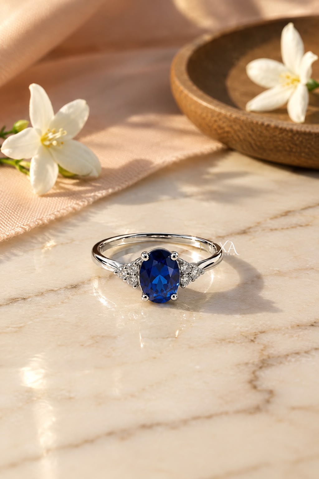 Blue Oval and White Round Moissanite Wedding Ring in 925 Silver
