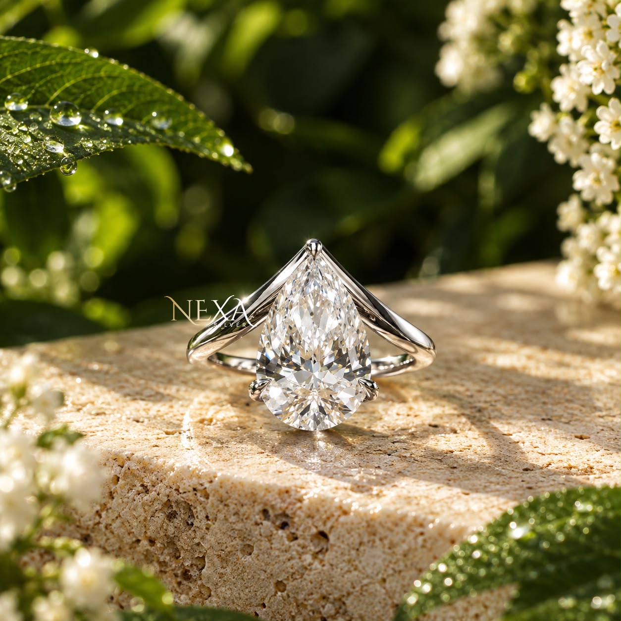 Large Pear Moissanite Solitaire Ladies Ring for Festive Season in 925 Silver thumbnail 1
